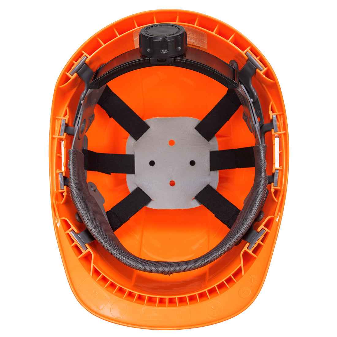 Innenansicht des orangen Portwest Schutzhelms PS54 mit ergonomischem 6-Punkt-Gurt und Drehverschluss für optimalen Halt.