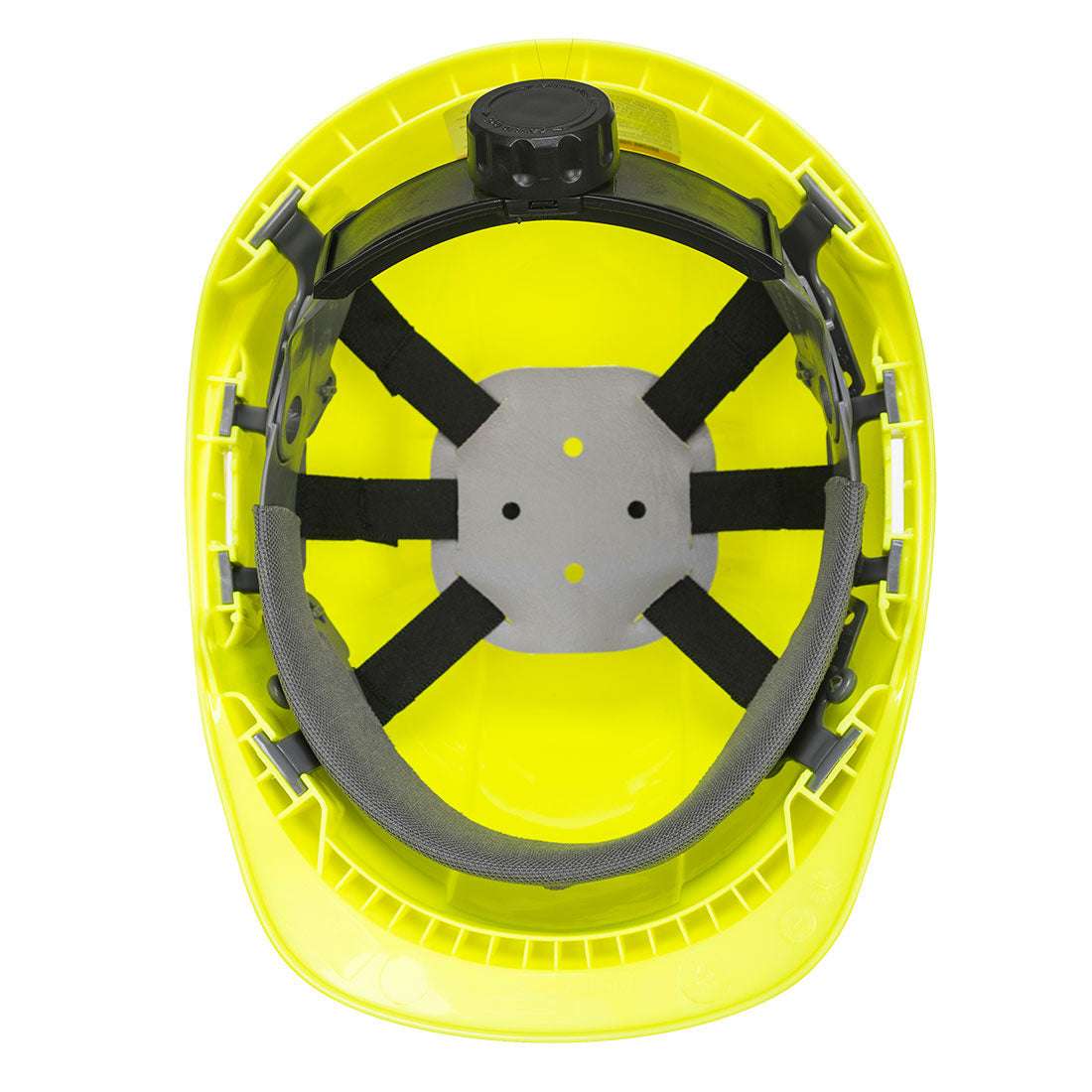 Innenansicht des gelben Portwest PS54 Endurance Schutzhelms mit verstellbarem Gurt und CE-zertifizierter Sicherheitsausstattung.