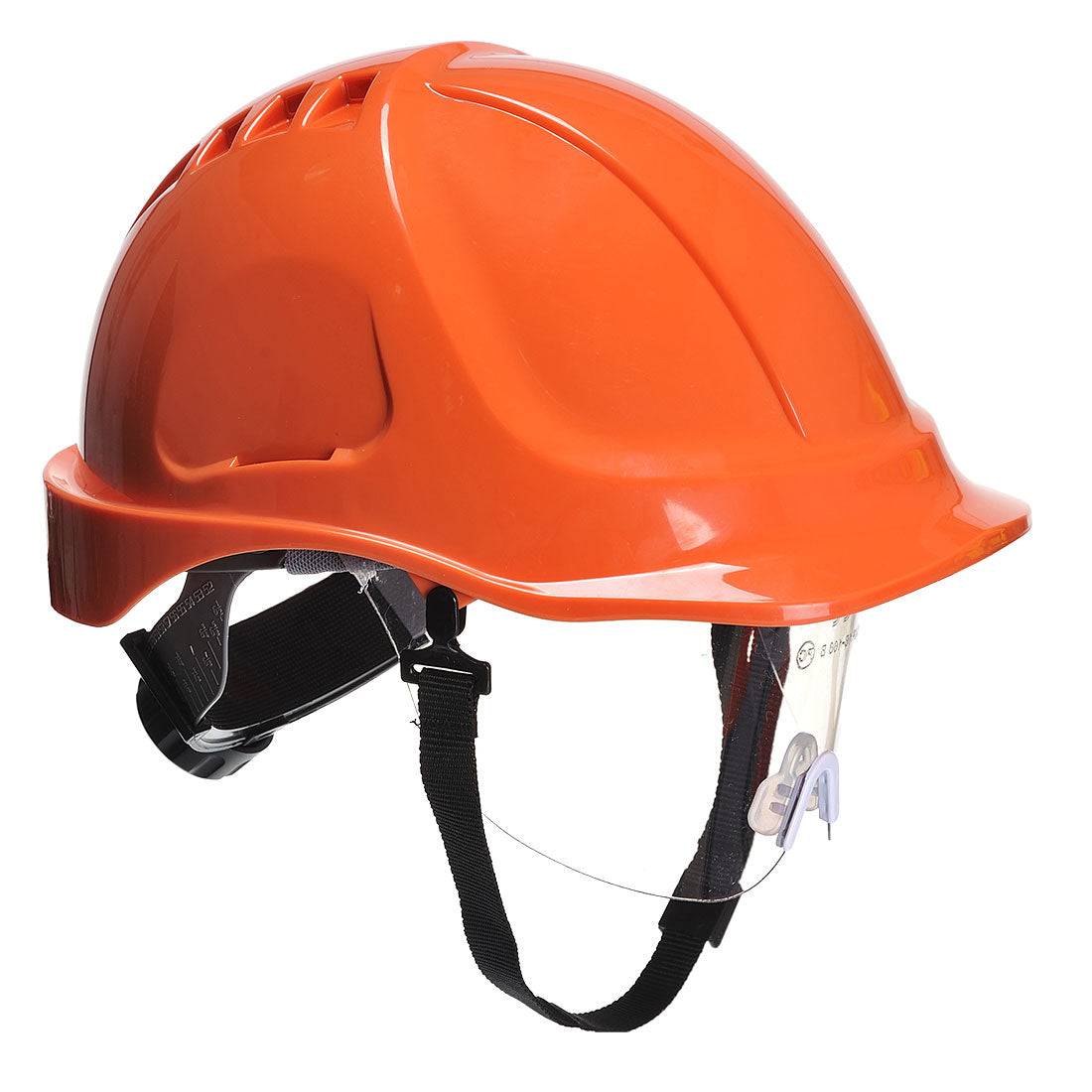 Oranger Helm mit integriertem Visier Endurance Plus PW54 von Portwest, ideal für Arbeitsschutz in Industrieumgebungen.