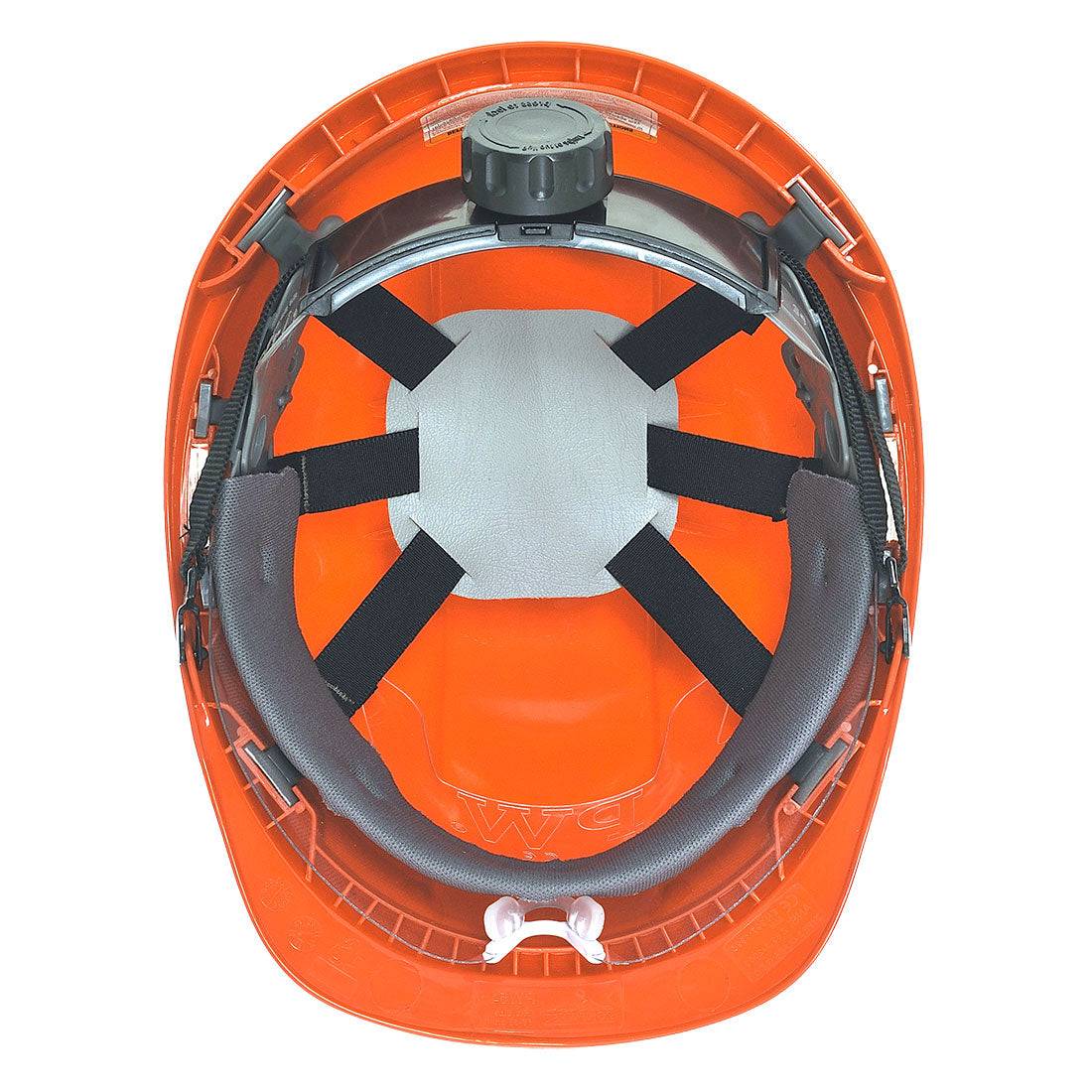 Innenansicht des orangen Endurance Plus Visierhelms PW54 von Portwest mit verstellbarem Kopfband und Polsterung.