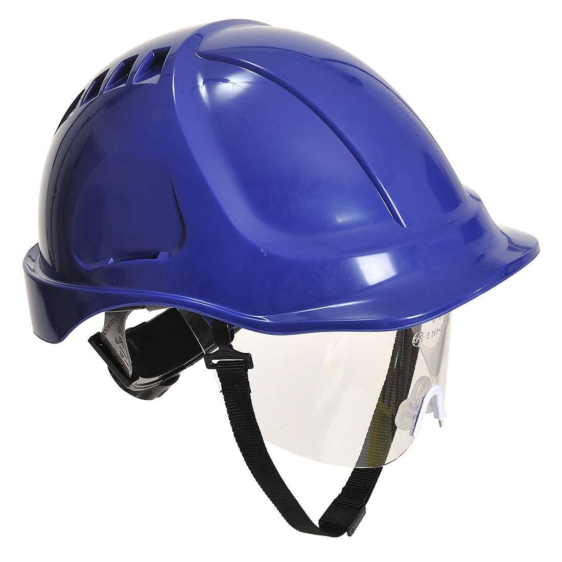 Blauer Schutzhelm mit integriertem Visier Endurance Plus PW54 von Portwest für sicheres Arbeiten auf Baustellen.