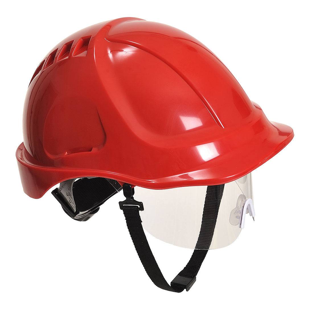 Roter Endurance Plus Visierhelm PW54 von Portwest mit klarem Visier für optimalen Gesichtsschutz im Arbeitsumfeld.