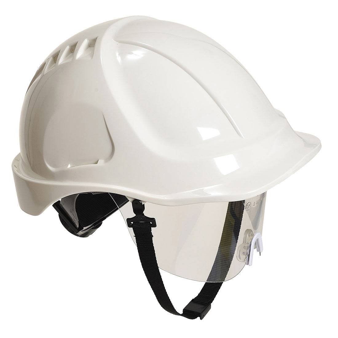 Weißer Portwest Endurance Plus Visierhelm PW54 mit integriertem Gesichtsschutz für industrielle Sicherheitsanwendungen.