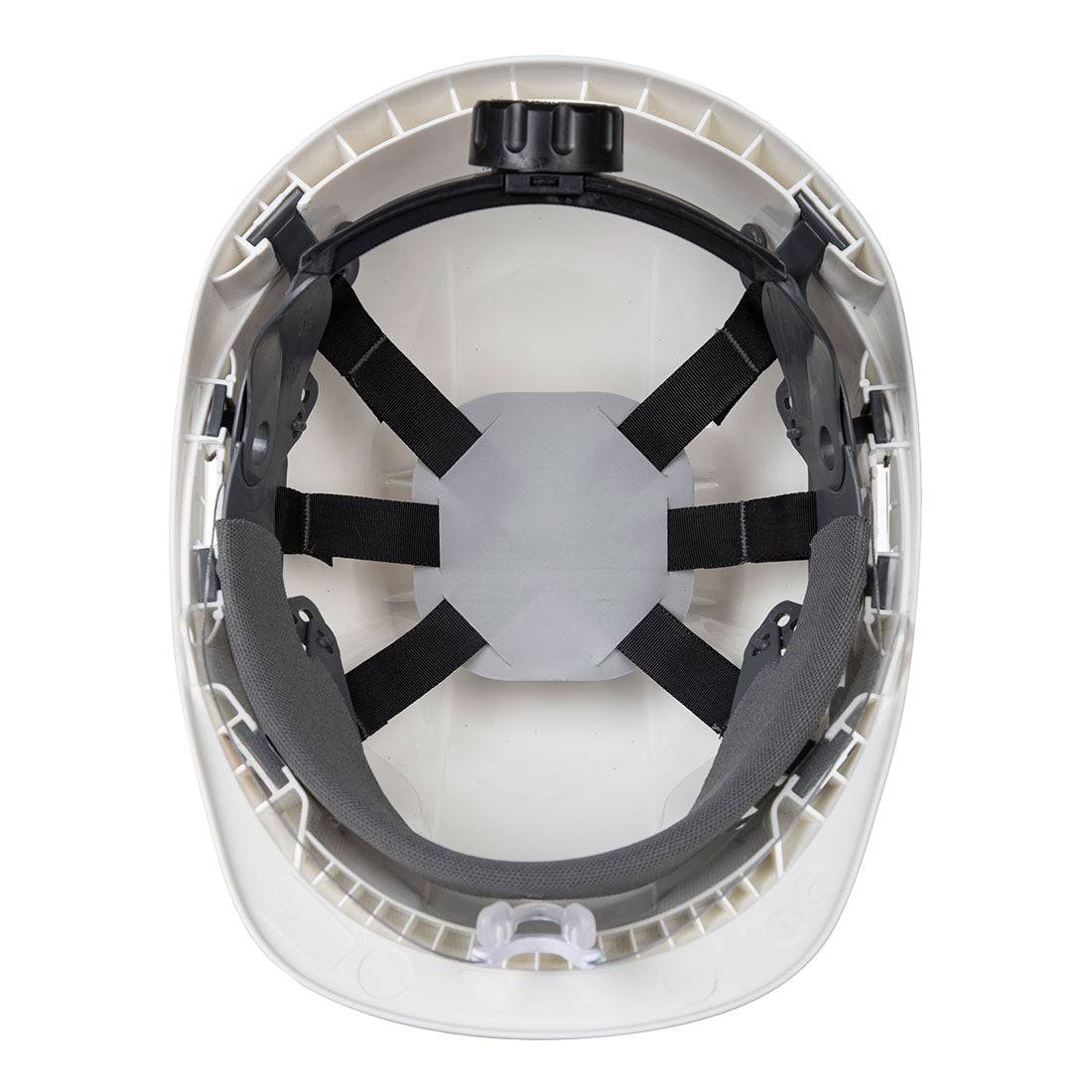 Innenansicht des weißen PW54 Schutzhelms von Portwest mit ergonomischem Innenleben und verstellbarem Kopfband.