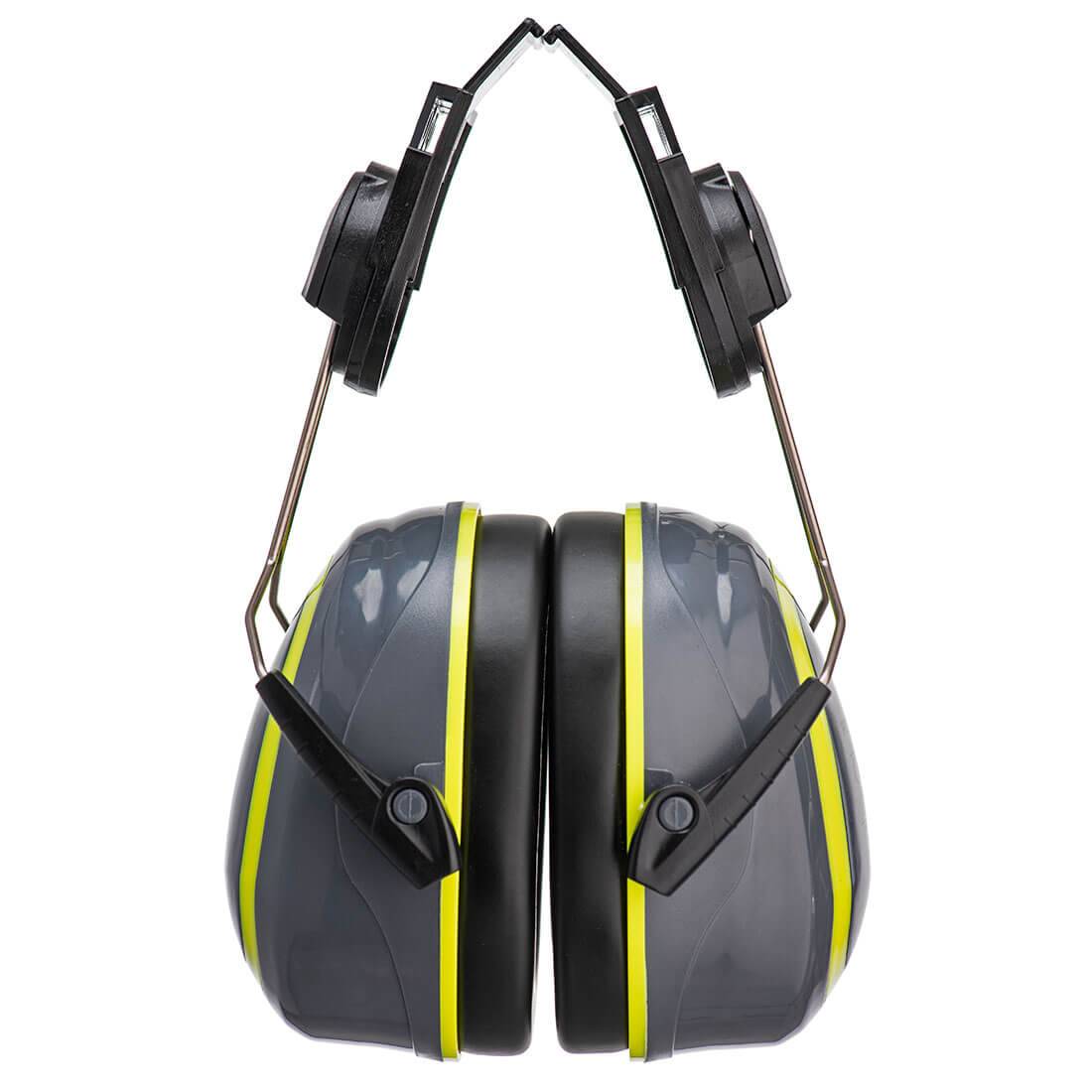 Zusammengefalteter Kapselgehörschutz PW76 Clip-On von Portwest, SNR 25 dB, in Grau/Gelb für Helm-Montage im industriellen Arbeitsschutz.