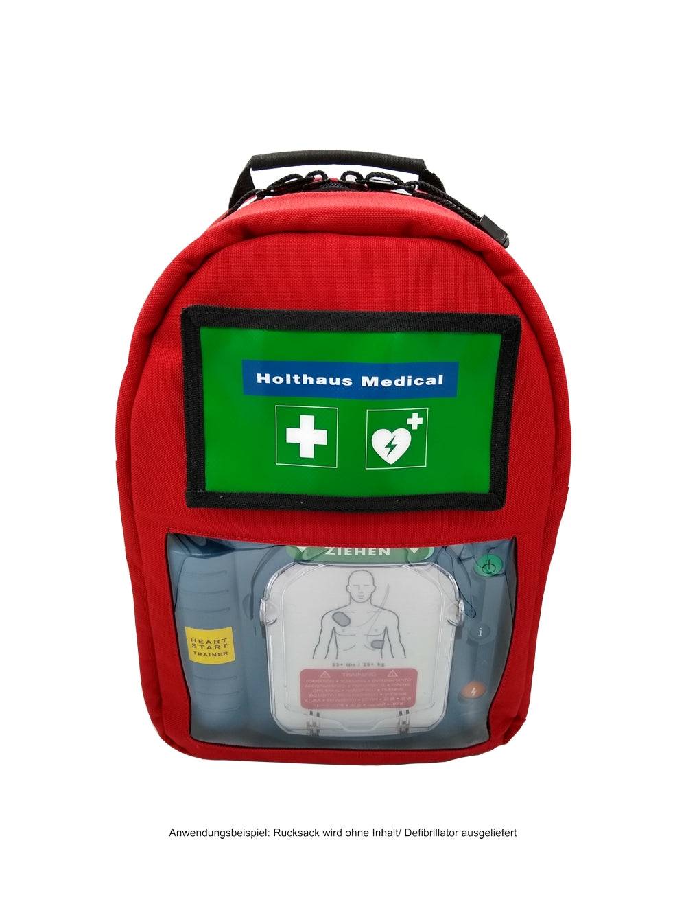Sanitätsrucksack PARAMEDIC in Rot mit transparentem Fach und medizinischem Symbol, optimal für schnellen Zugriff im Notfall.