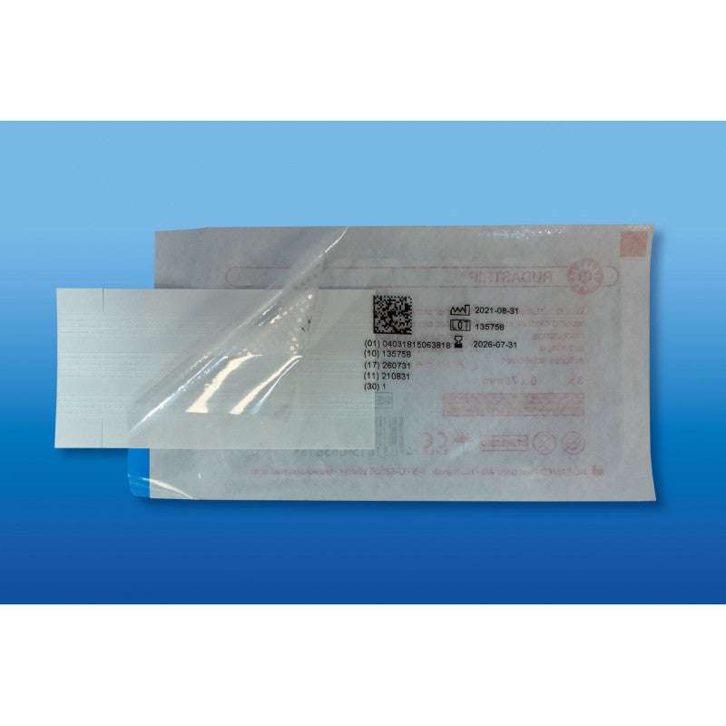 Sterile Einzelverpackung der RUDASTRIP® Wundnahtstreifen mit transparentem Schutzfilm für hygienischen Wundverschluss bei Schnittwunden.