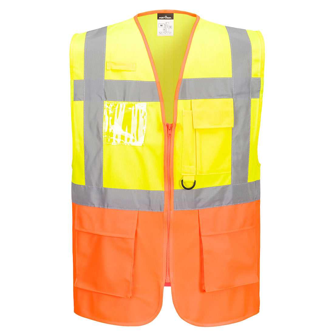 Prag Hi-Vis Weste - Sicherheitsweste mit EN ISO 20471 Zertifizierung, 7 Taschen, Reflexstreifen und ID-Halter in Gelb-Orange Frontansicht.