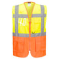 Prag Hi-Vis Weste - Sicherheitsweste mit EN ISO 20471 Zertifizierung, 7 Taschen, Reflexstreifen und ID-Halter in Gelb-Orange Frontansicht.