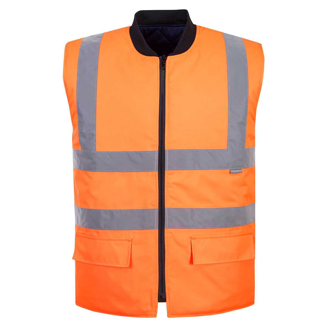 Warnweste-Wendeweste S469 in Orange mit reflektierenden Streifen, ideal für Sichtbarkeit und Wärme bei Outdoor-Arbeiten. Jetzt kaufen!