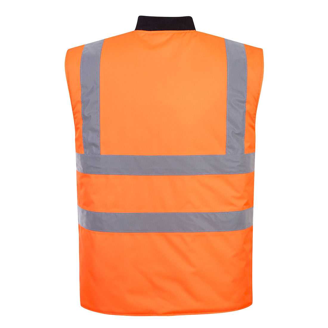 Rückansicht der Warnweste-Wendeweste S469 in Orange mit reflektierenden Streifen für hohe Sichtbarkeit im Straßenverkehr oder auf Baustellen.
