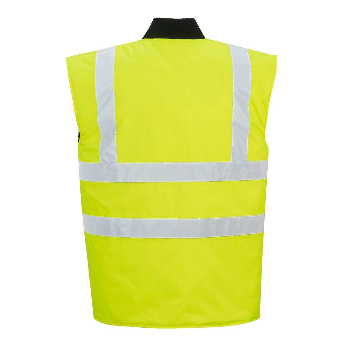 Rückansicht der gelben Warnweste-Wendeweste S469 mit reflektierenden Streifen für maximale Sicherheit im Arbeitsumfeld. Ideal für Berufsbekleidung.