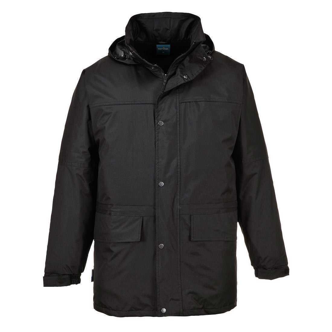 Vorderansicht der schwarzen wasserdichten Winterjacke Oban S523 mit Druckknöpfen, Kapuze und großen Taschen. Perfekt für kalte, nasse Bedingungen.