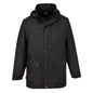 Vorderansicht der schwarzen wasserdichten Winterjacke Oban S523 mit Druckknöpfen, Kapuze und großen Taschen. Perfekt für kalte, nasse Bedingungen.