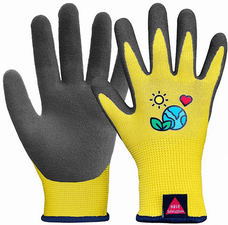 Kinderhandschuh Kids 4 Gr. 04 aus 15 Gauge Polyester in Gelb mit Umweltmotiv. Ideal für Arbeitsschutz im Garten oder bei leichten Tätigkeiten.