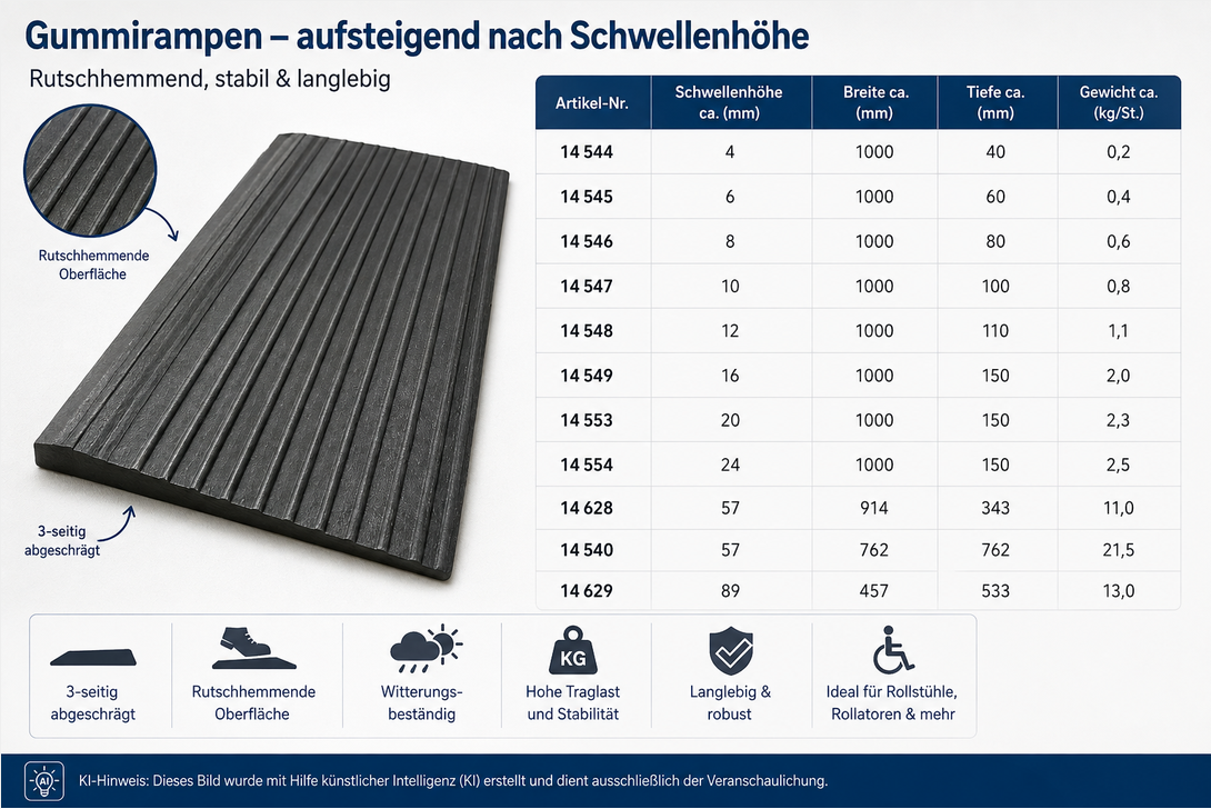 Gummirampe keilförmig kaufen – Schwellenrampe für Rollstuhl & Rollator
