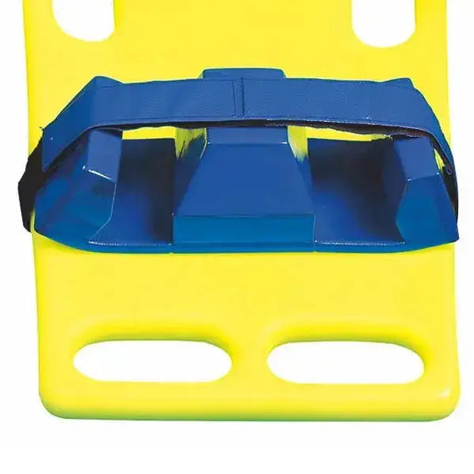 Lifeguard Legfix Beinfixierung auf gelbem Spineboard montiert, ideal zur sicheren Immobilisation bei Rettungseinsätzen im medizinischen Bereich.