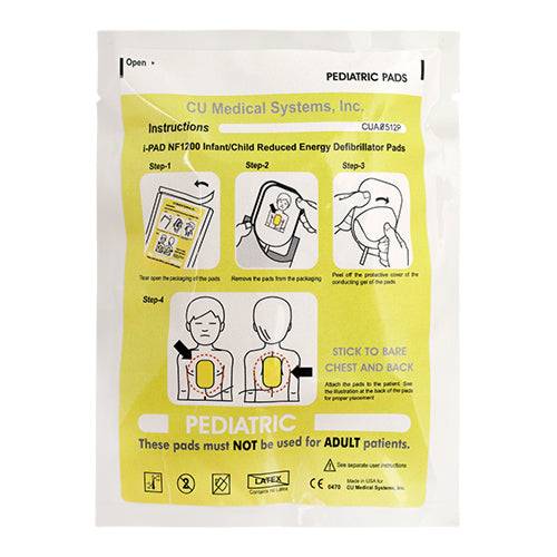 CU Medical i-PAD NF-1200 Kinderelektroden für AED-Geräte, speziell für Kinderanwendung mit reduzierter Energie. Verpackung zeigt Anwendungsschritte deutlich.