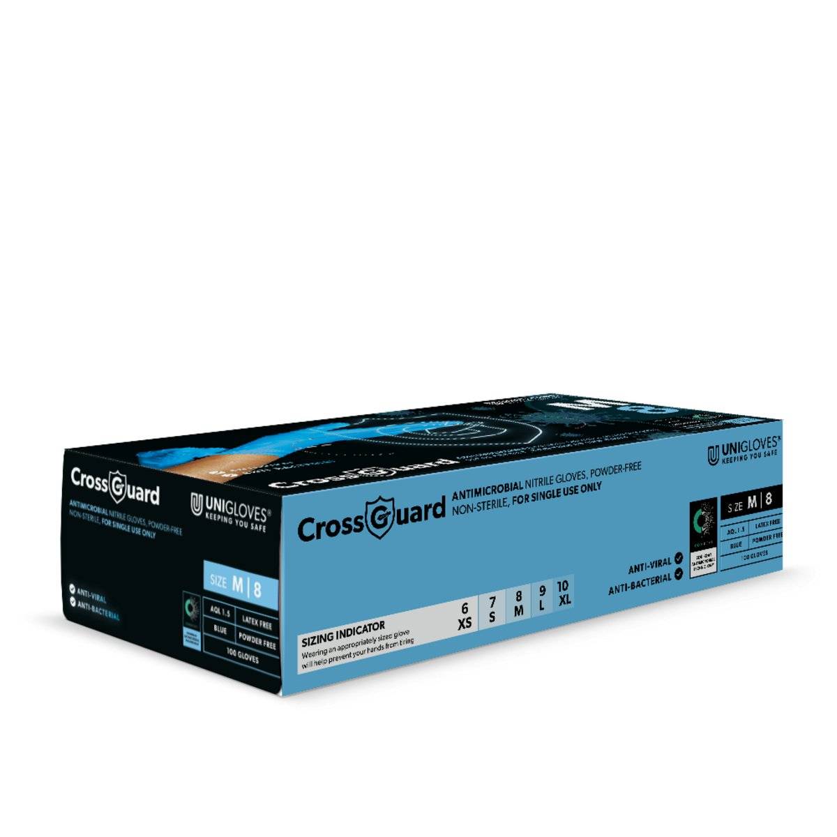 Verpackung der CrossGuard Unigloves Nitril Einmalhandschuhe, puderfrei und antibakteriell, Größe M. Perfekt für Gesundheitswesen und Industrieeinsatz.