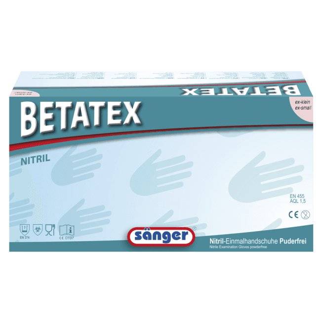 Verpackung der Einmalhandschuhe Nitril Betatex Lila Sänger für medizinische Anwendungen, puderfrei gemäß MDR, Größe XS.