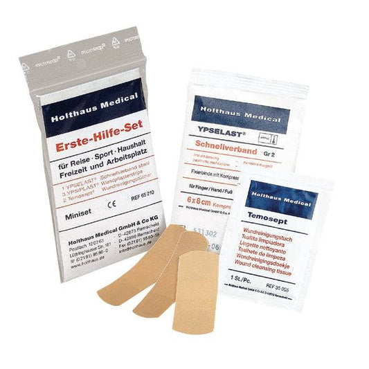 Erste-Hilfe-Miniset - Erste-Hilfe-Mini-Set | Klein & Praktisch mit Pflasterstrips, Kompresse und Reinigungstuch im staubfreien Beutel.