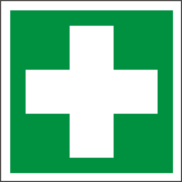 Rettungsschild Erste Hilfe nach ISO 7010 mit weißem Kreuz auf grünem Hintergrund. Erhältlich in verschiedenen Materialien und Größen, langnachleuchtend und selbstklebend.