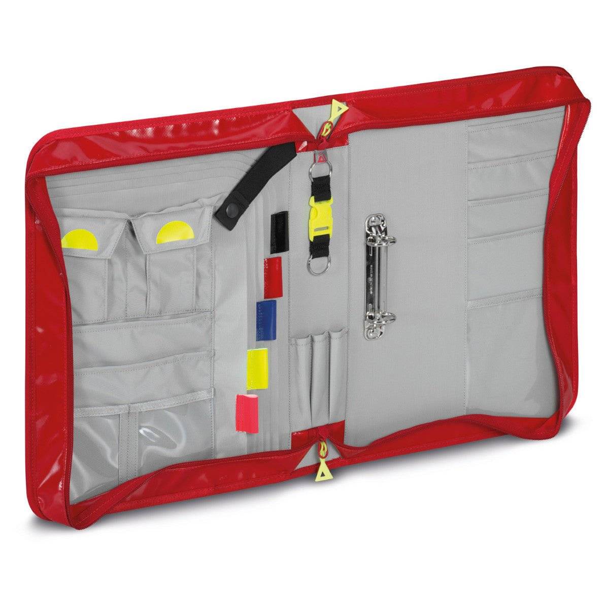 Innenansicht des Fahrtenbuch Multi Organizer KF PAX mit Ringmechanik, Stiftehaltern und Fächern für medizinische Unterlagen und Zubehör.