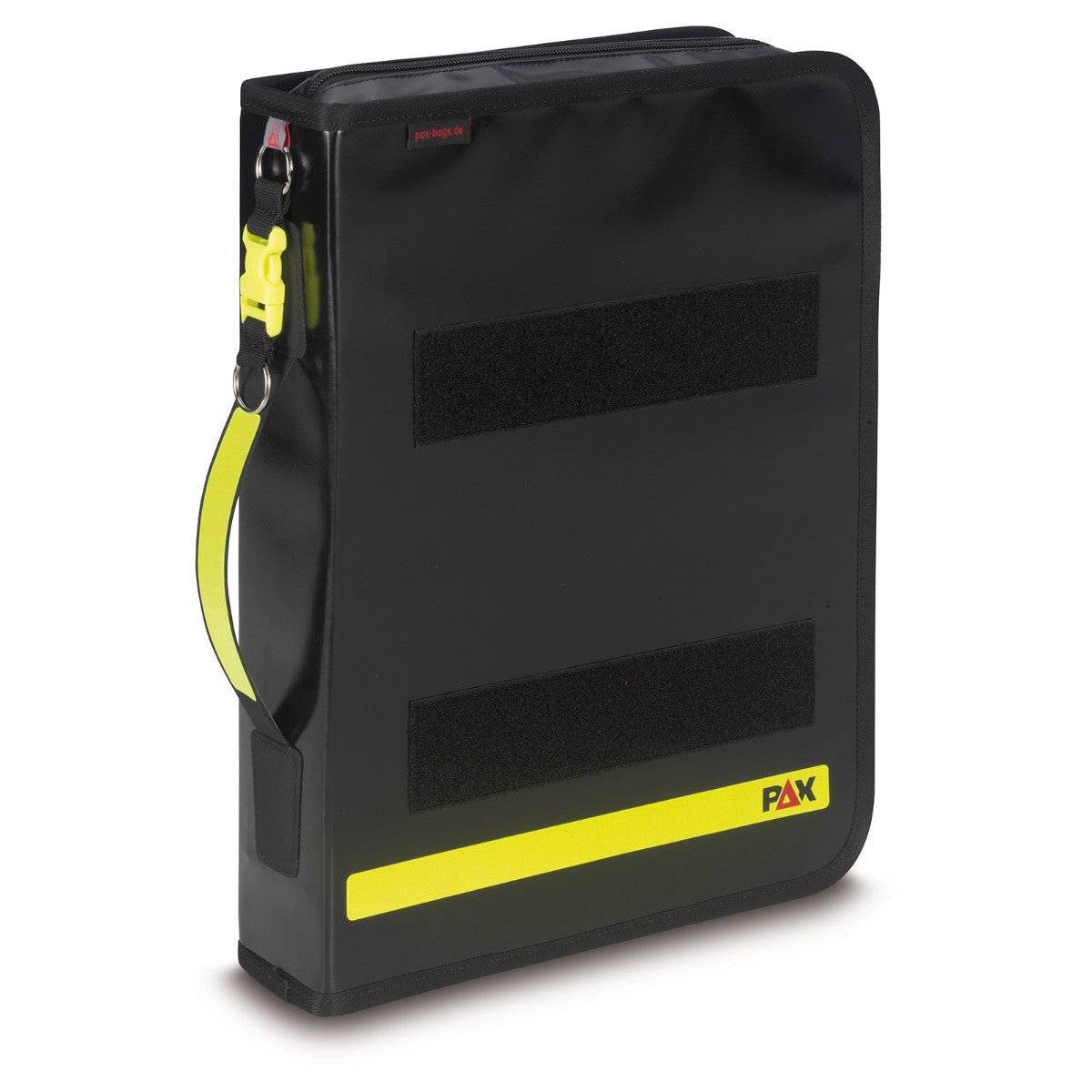 Schwarzer Fahrtenbuch Multi Organizer KF PAX mit gelbem Reflektorstreifen, professionelle Dokumentenmappe für medizinische Einsätze.