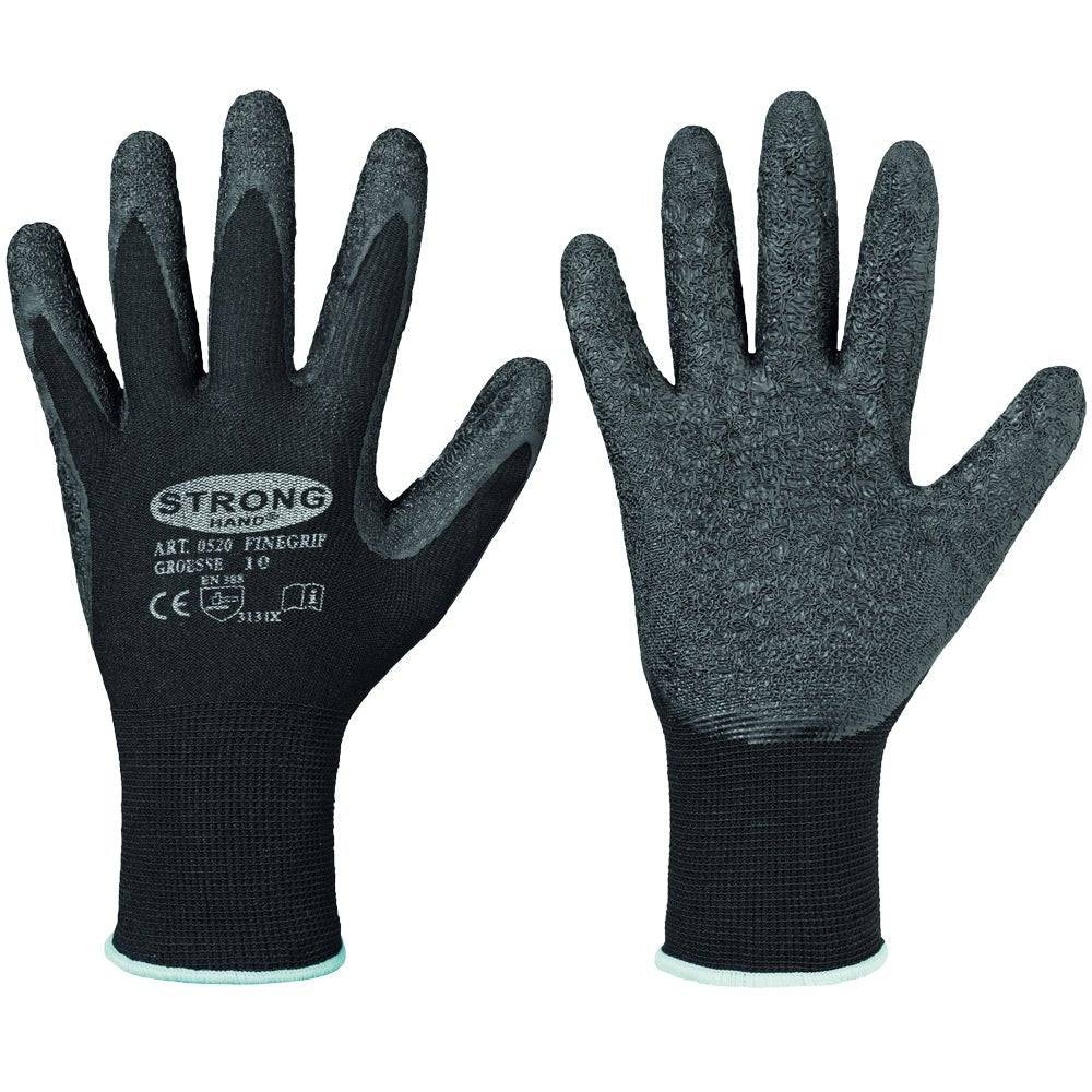 Arbeitshandschuhe mit schwarzer Beschichtung und grauer, rutschfester Oberfläche, Modell „Strong Hand“, Größe 10, geeignet für präzises Arbeiten und erhöhten Griffschutz.