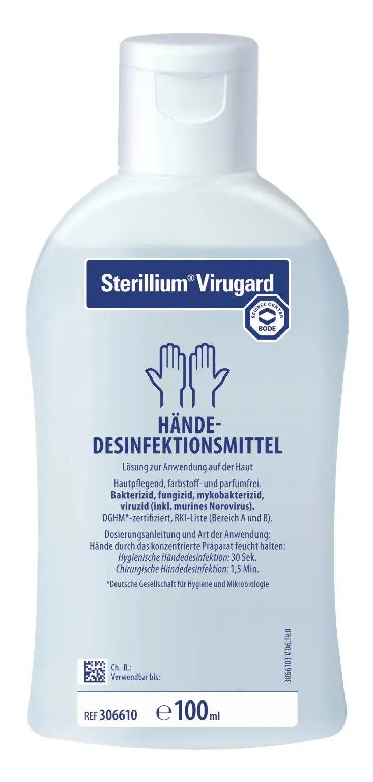 Sterillium® Virugard® Händedesinfektion 100ml Flasche. Hautfreundlich, parfümfrei und wirksam gegen behüllte Viren und multiresistente Keime.