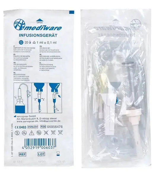 Infusionsgerät 100 Stück für Schwerkraftinfusion. Flexibler Tropf, knickfreier Schlauch, bakterienfreier Filter, Luer Lock. Latexfrei. Perfudrop Air ähnlich.
