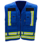 Blaue Kennzeichnungsweste Dönges mit fluoreszierenden Streifen und Stauraum. Funktionale Weste für Einsatzkräfte und Sicherheitsdienste.