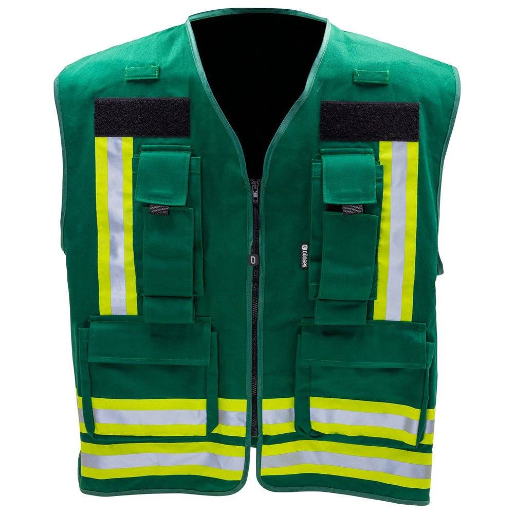 Grüne Kennzeichnungsweste Dönges mit Reflektorstreifen und funktionalen Taschen. Ideal als Einsatzbekleidung für Rettungsdienste und Organisationen.