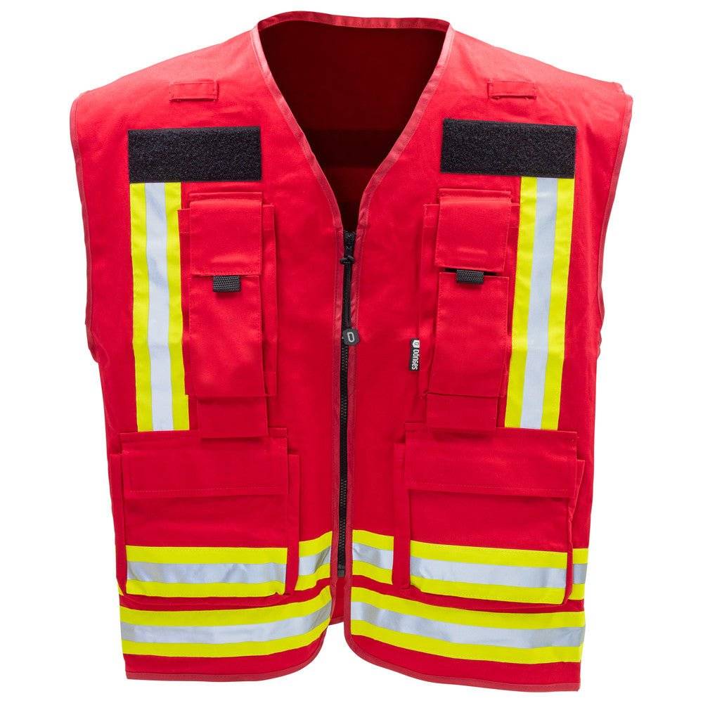 Rote Kennzeichnungsweste Dönges mit leuchtenden Reflektorstreifen und Fronttaschen. Funktionale Einsatzbekleidung für Feuerwehr und Rettung.