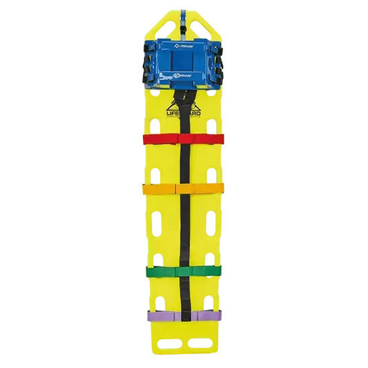 Lifeguard Spineboard mit 10-Punkt Fixiersystem und HeadFix Kopffixierung, gelb, mit 16 Griffen gemäß EN 1865-1 für Wasserrettung geeignet.