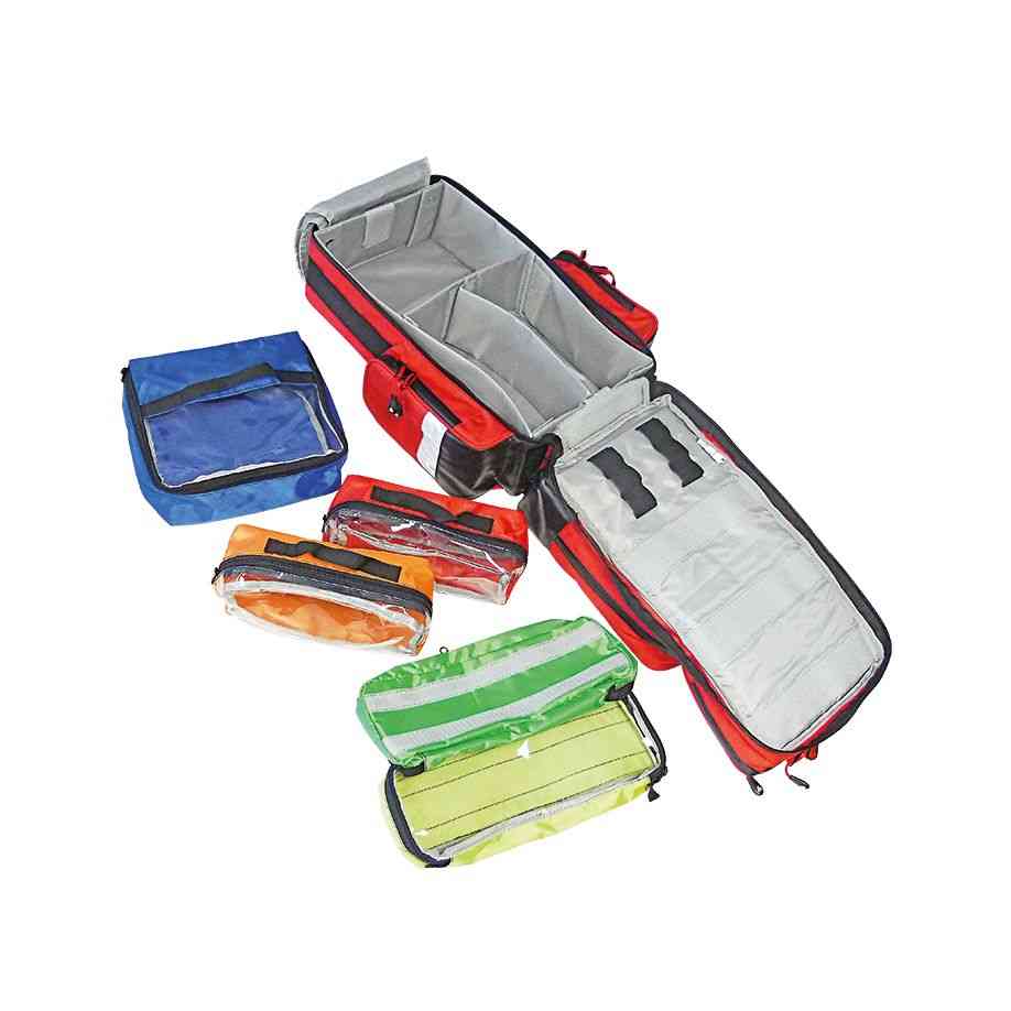 Geöffneter Notfallrucksack ''WasserStopp'' ratiomed groß, rot, leer mit herausnehmbaren Modultaschen und organisiertem Innenraum für Erste-Hilfe-Zubehör.