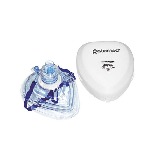 Taschenmaske Erste-Hilfe ratiomed mit transparenter PVC-Maske und weißem Etui, ideal für Atemspende im Notfall. Kompakt für jede Erste-Hilfe-Ausrüstung.