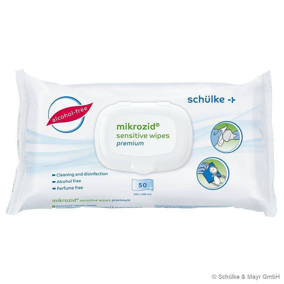 Verpackung der Schülke mikrozid sensitive wipes premium mit 50 alkoholfreien, parfümfreien Desinfektionstüchern zur Reinigung empfindlicher Oberflächen.