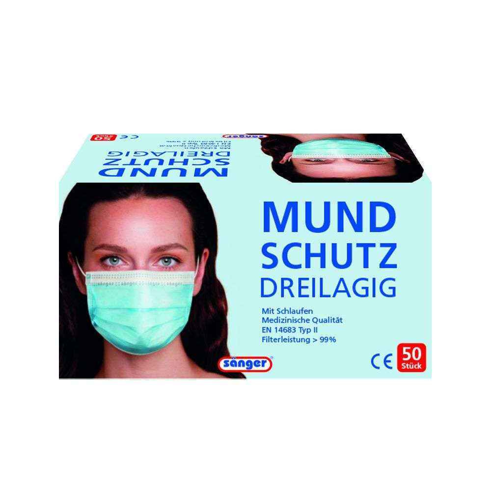 Verpackung mit 50 Stück Mundschutz EN 14683 Typ II R, 3-lagig, >99% Schutz, medizinische Qualität, CE-zertifiziert in Blau.