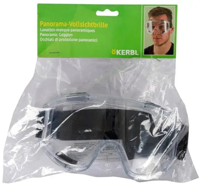 Verpackte Panorama Schutzbrille Kerbl mit Produktetikett, PVC-Rahmen und breitem Gummiband, geeignet für Überbrillen, EN166 Klasse B.