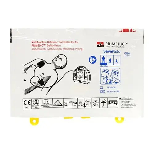 Primedic SavePads Elektroden für Erwachsene & Kinder mit Anleitung zur Platzierung, kompatibel mit AED-Geräten, erhältlich bei Medasi.shop.