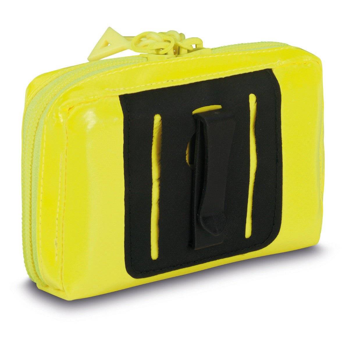 Rückansicht des gelben Ampullarium BTM 5 PAX Pro Series mit stabilem Clip zur sicheren Befestigung an Kleidung oder Ausrüstung.