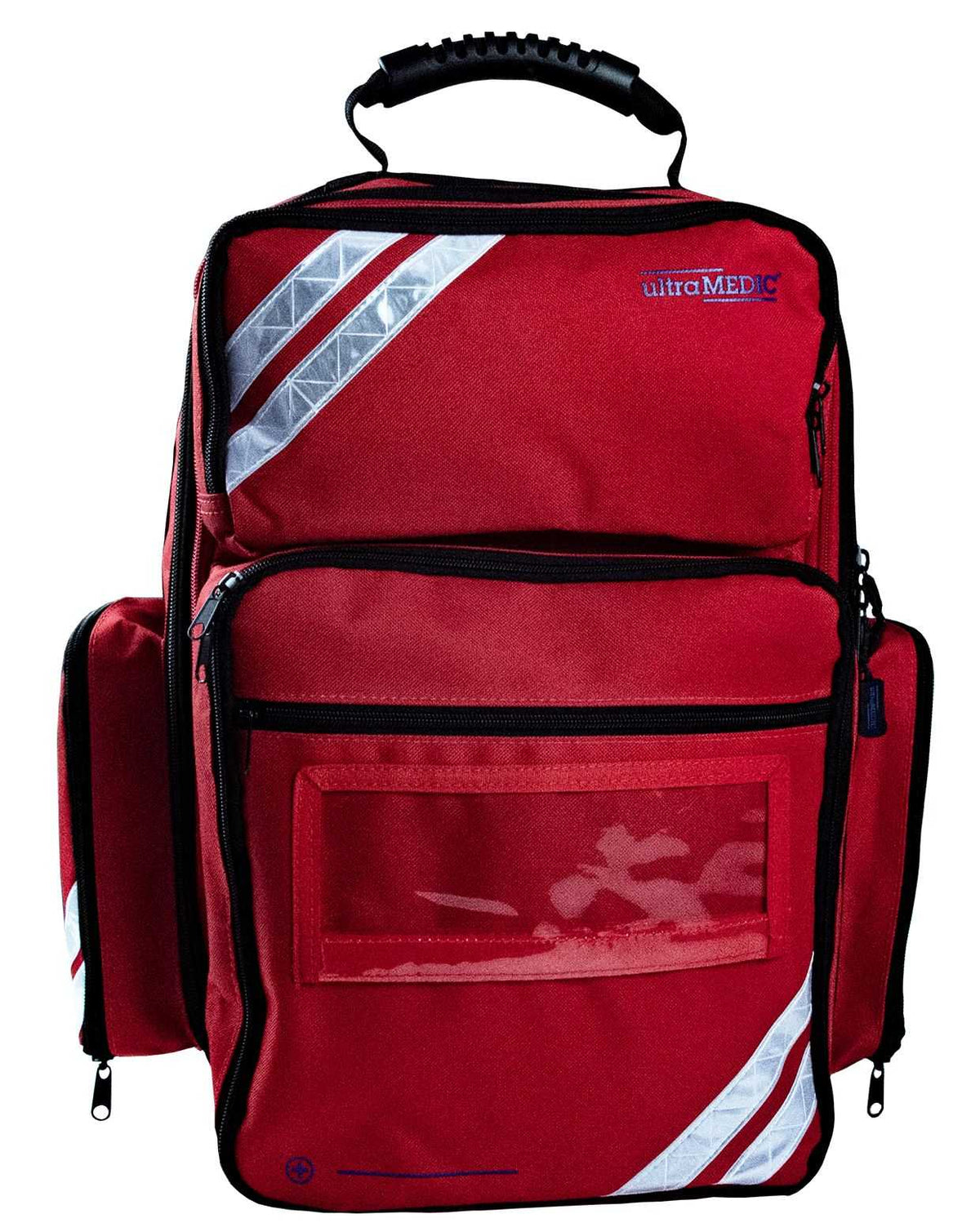 Frontansicht des geschlossenen Rucksack ultraRESCUE LITE mit ultraMEDIC-Logo, reflektierenden Streifen und mehreren Außentaschen.