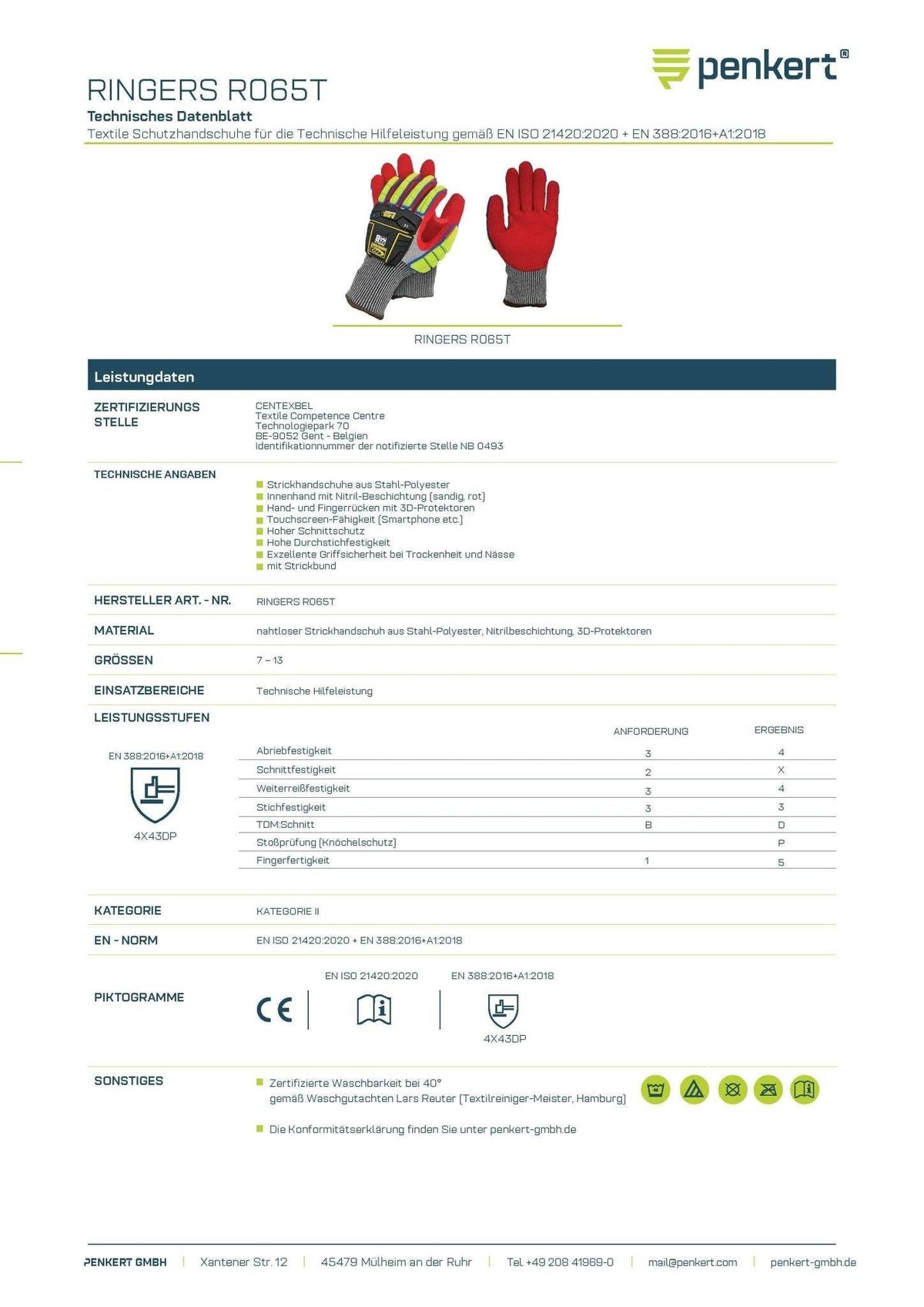 Technisches Datenblatt der RINGERS R065T Schutzhandschuhe – Penkert Ringers | Schnittschutz, mit EN-Zertifizierungen und Einsatzbereichen.