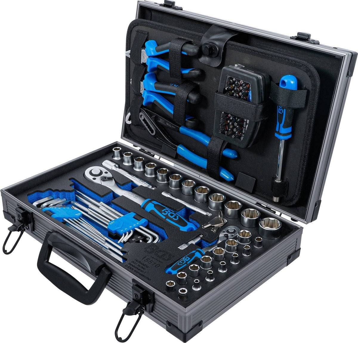 Universal-Werkzeugkoffer 85-tlg. 11510 by medasi.shop mit sortierten Werkzeugen wie Zangen, Schraubendrehern und Steckschlüsseln im stabilen Koffer.